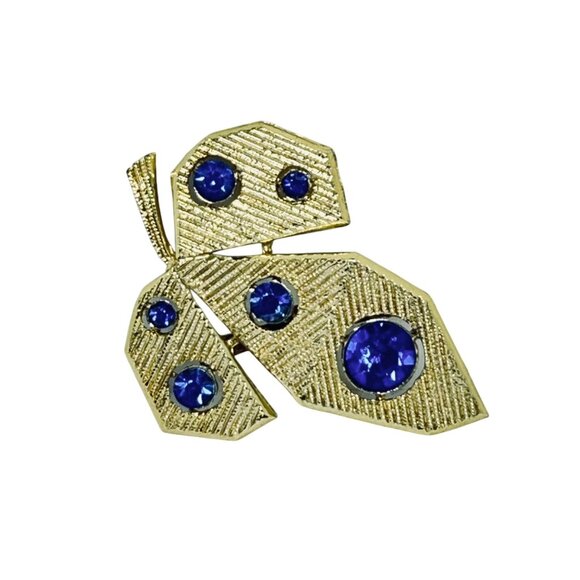 Textured Gold Tone Leaf Brooch & Earrings Set W/ Cobalt Blue Rhinestones (5752) - Picture 3 of 12
